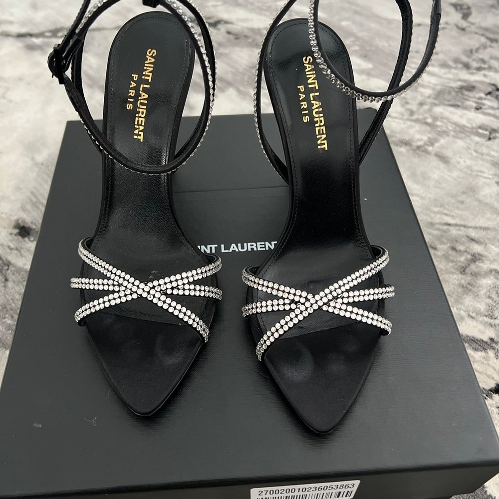 Saint Laurent Ava Sandals in Crepe Satin with Rhinestones